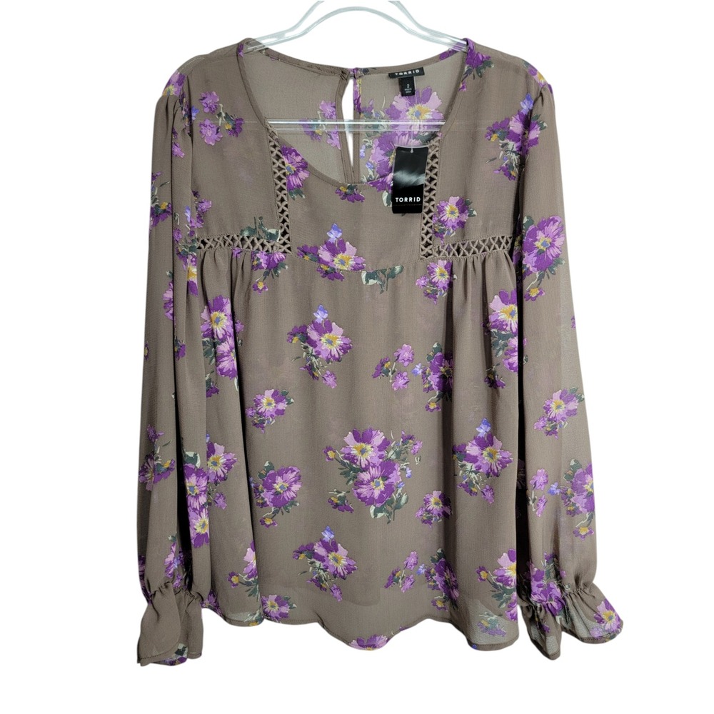 Torrid Womens 2X Chiffon Long Sleeve Top Burgundy Purple Floral Lattice Trim New